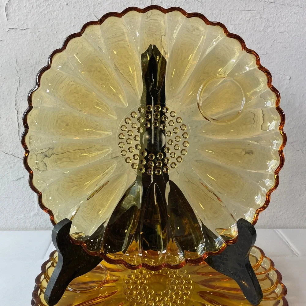 Vintage Hazel Atlas Glass AMBER Yellow Gold Sun Petal Snack Set 3 Plates 3 Cups